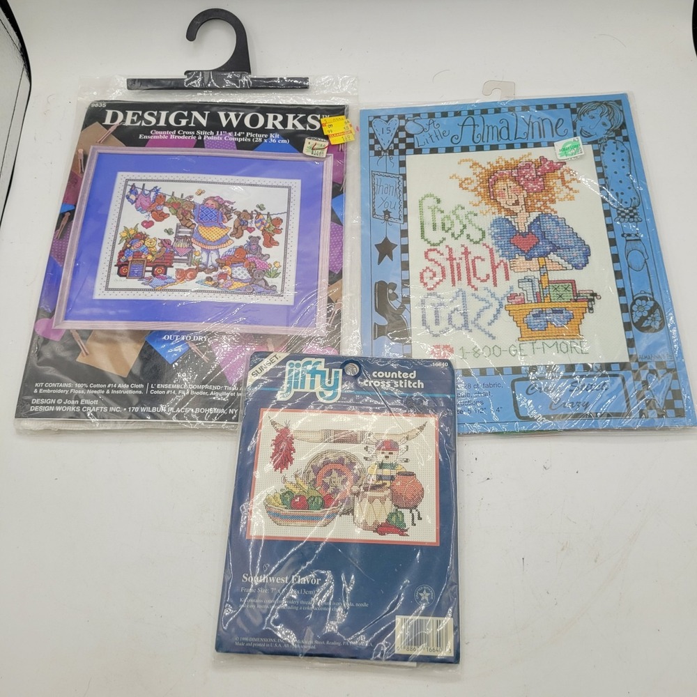Counted Cross Stitch Mix Lot of 3 New Kits  Design Works "Out To Dry" And 2 More